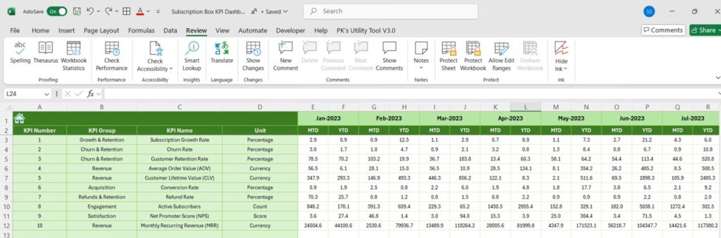 Subscription Box KPI Dashboard in Excel - Next Gen Templates
