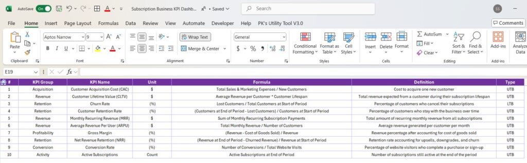 Subscription Business KPI Dashboard in Excel - Next Gen Templates