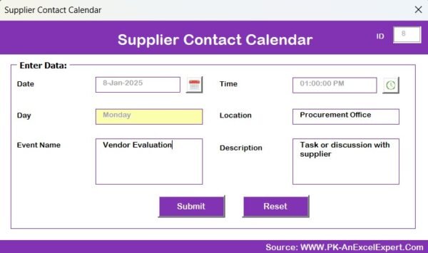 Supplier Contact Calendar in Excel - Image 10