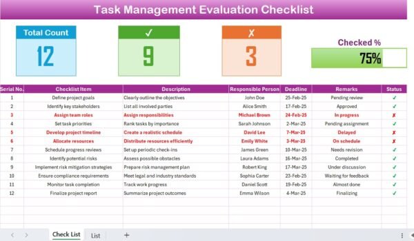 Task Management Evaluation Checklist in Excel - Image 2