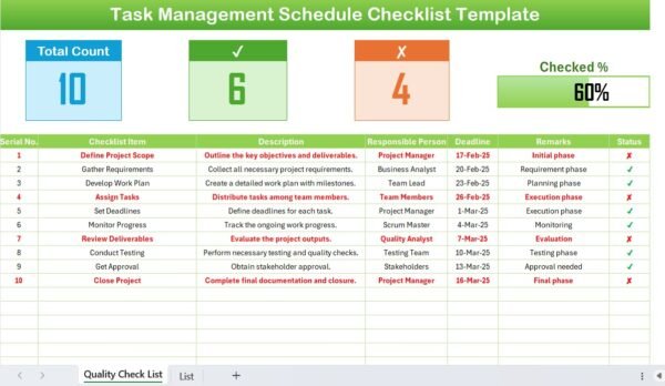 Task Management Schedule Checklist in Excel - Image 2