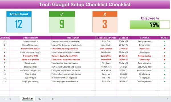 Tech Gadget Setup Checklist in Excel - Image 2