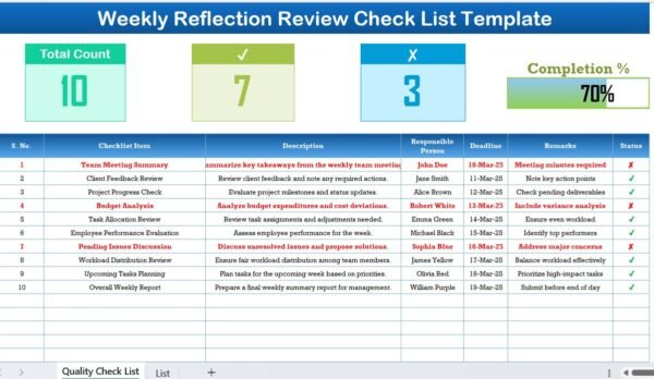 Weekly Reflection Review Checklist in Excel - Image 2