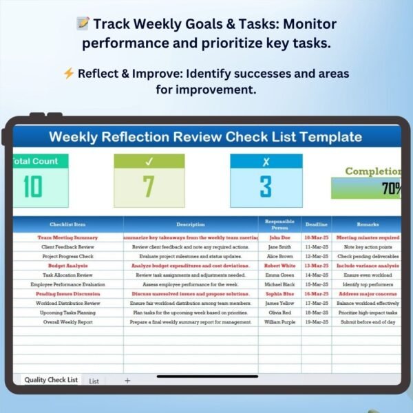 Weekly Reflection Review Checklist in Excel