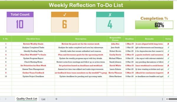 Weekly Reflection To-Do List Checklist in Excel - Image 2