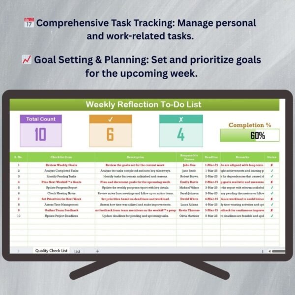 Weekly Reflection To-Do List Checklist in Excel