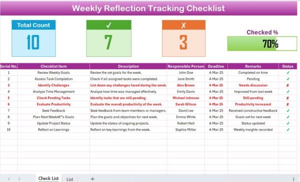 Weekly Reflection Tracking Checklist in Excel - Image 2