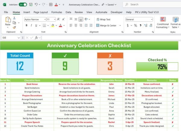 Anniversary Celebration Checklist in Excel - Image 2