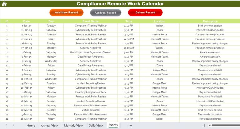 Compliance Remote Work Calendar in Excel - Next Gen Templates