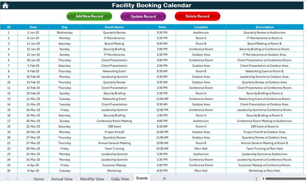 Facility Booking Calendar in Excel - Next Gen Templates