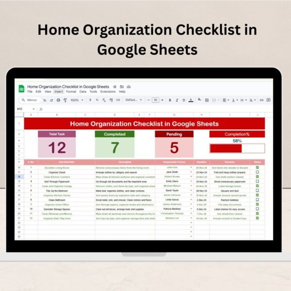 Home Organization Checklist in Google Sheets