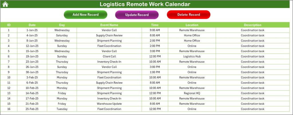 Logistics Remote Work Calendar in Excel - Next Gen Templates