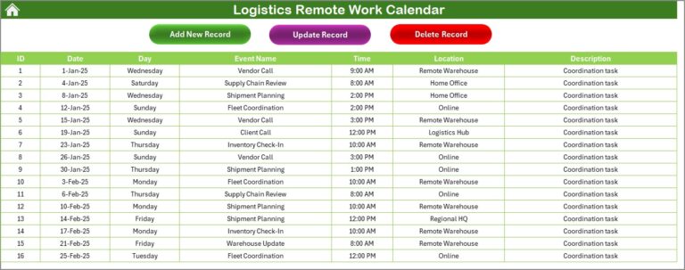 Logistics Remote Work Calendar in Excel - Next Gen Templates