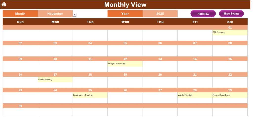 Procurement Remote Work Calendar in Excel - Next Gen Templates