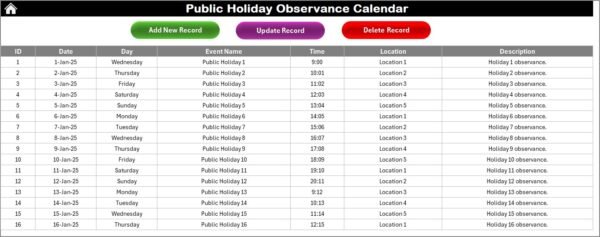 Public Holiday Observance Calendar in Excel - Image 6