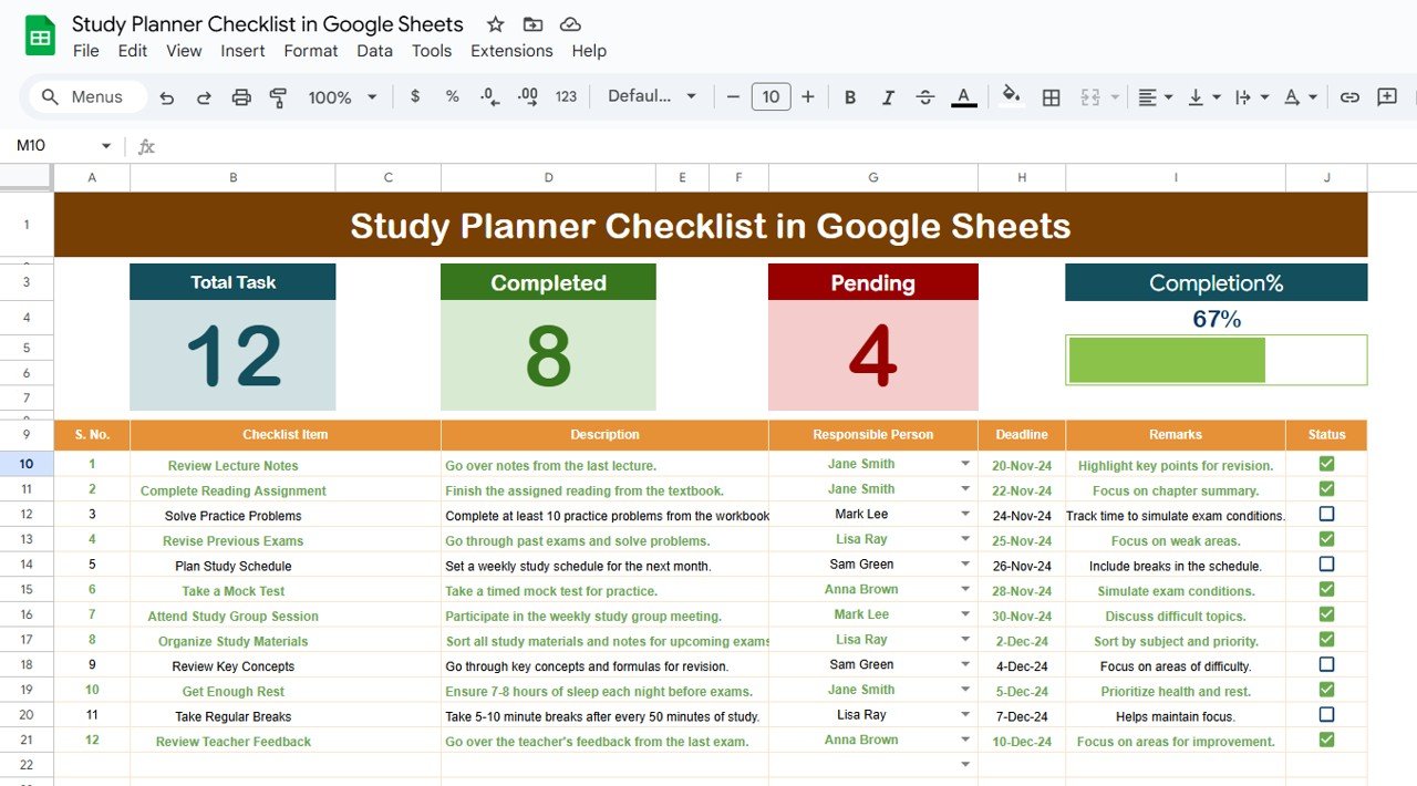 Study planner checklist
