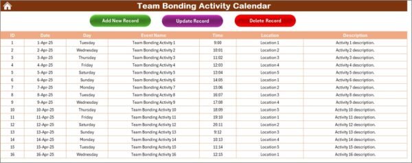 Team Bonding Activity Calendar in Excel - Image 6