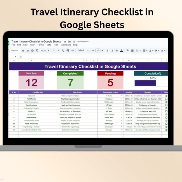 Travel Itinerary Checklist in Google Sheets