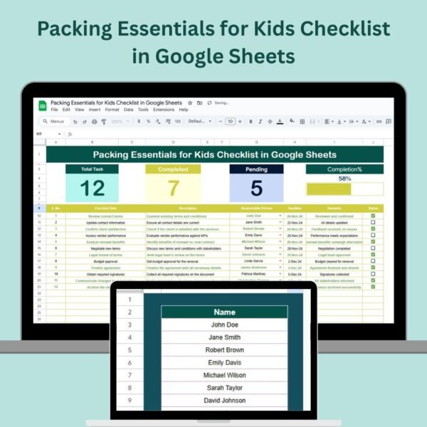 Packing Essentials for Kids Checklist in Google Sheets