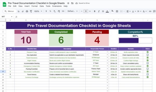 Pre-Travel Documentation Checklist in Google Sheets - Image 2