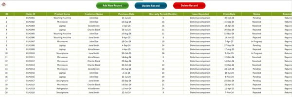 Product Warranty Claim Tracker in Excel - Image 5