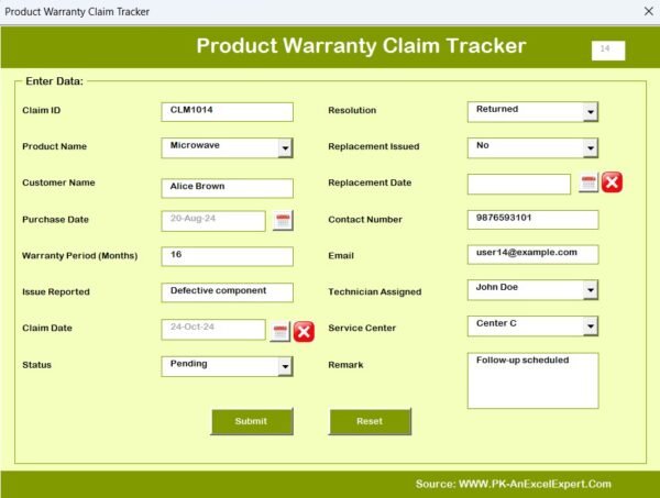 Product Warranty Claim Tracker in Excel - Image 7