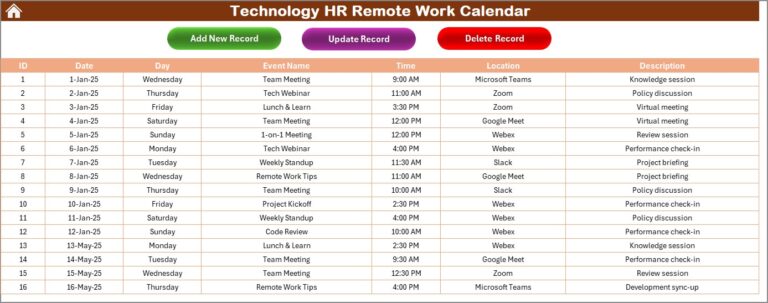 Technology HR Remote Work Calendar in Excel - Next Gen Templates