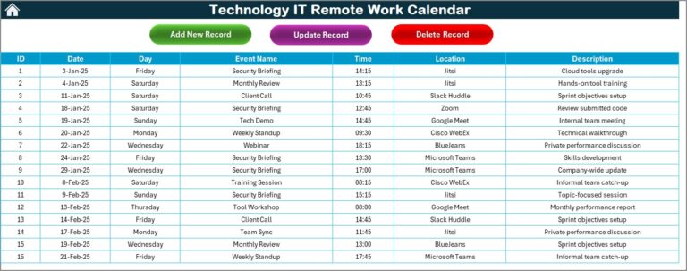 Technology IT Remote Work Calendar in Excel - Next Gen Templates