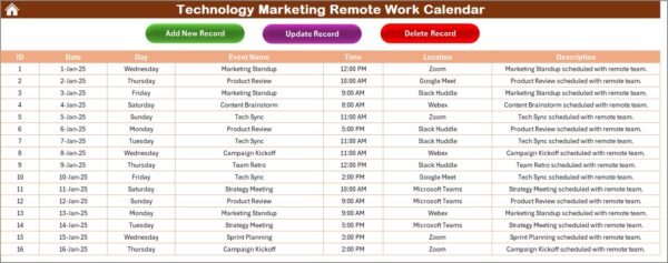 Technology Marketing Remote Work Calendar in Excel - Image 6