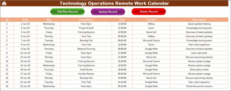 Technology Operations Remote Work Calendar in Excel - Next Gen Templates