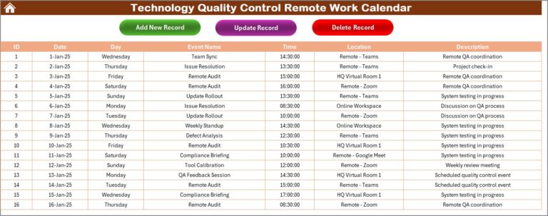 Technology Quality Control Remote Work Calendar in Excel - Next Gen ...