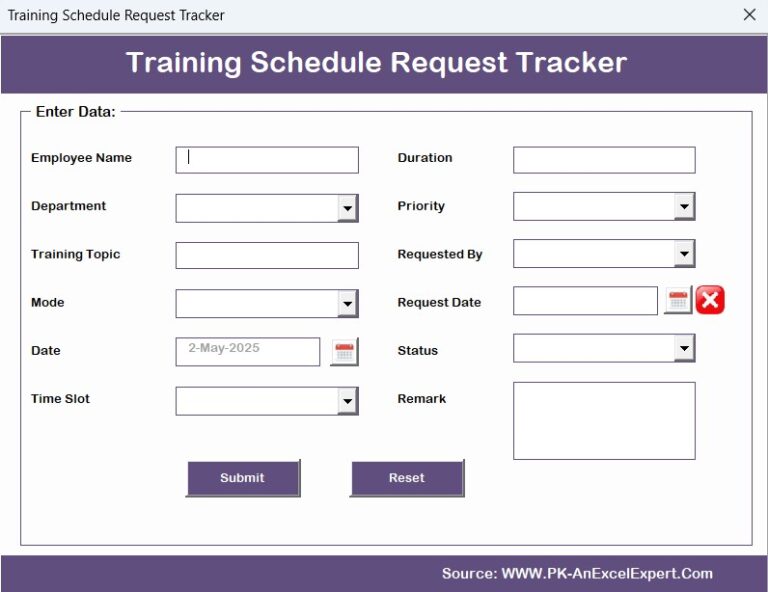Training Schedule Request Tracker in Excel - Next Gen Templates