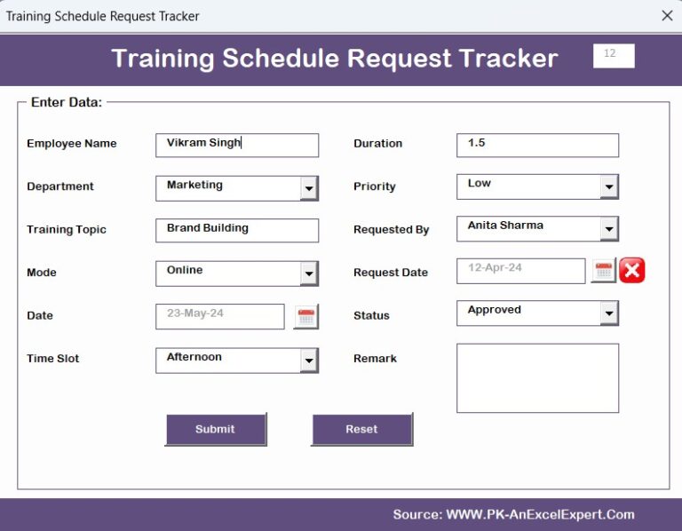 Training Schedule Request Tracker in Excel - Next Gen Templates