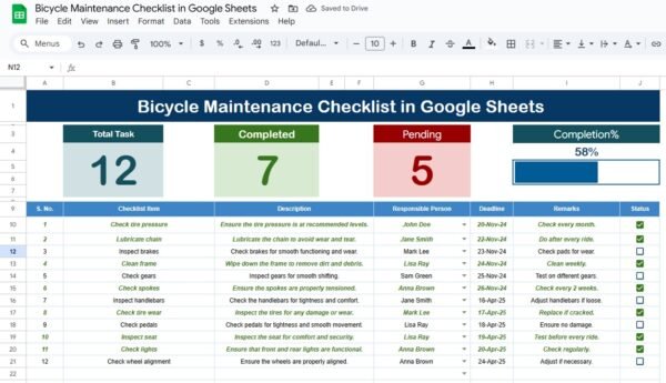 Bicycle Maintenance Checklist in Google Sheets - Image 2