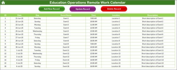 Education Operations Remote Work Calendar in Excel - Image 6