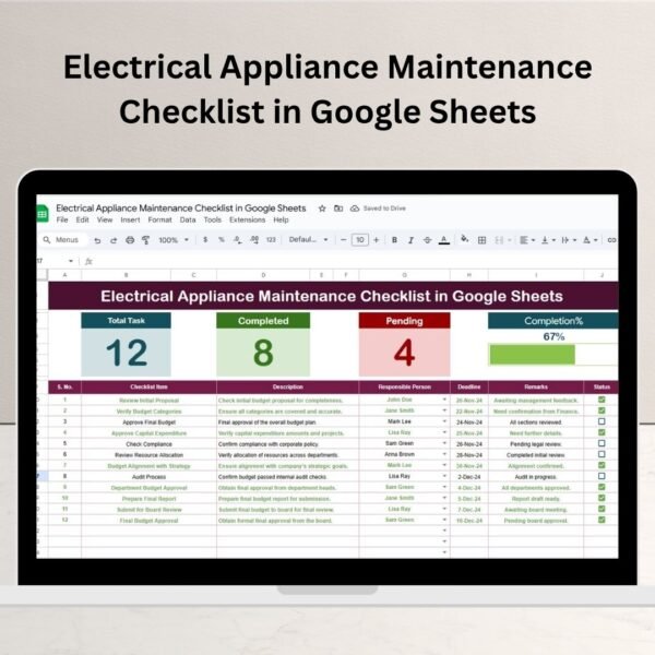 Electrical Appliance Maintenance Checklist in Google Sheets