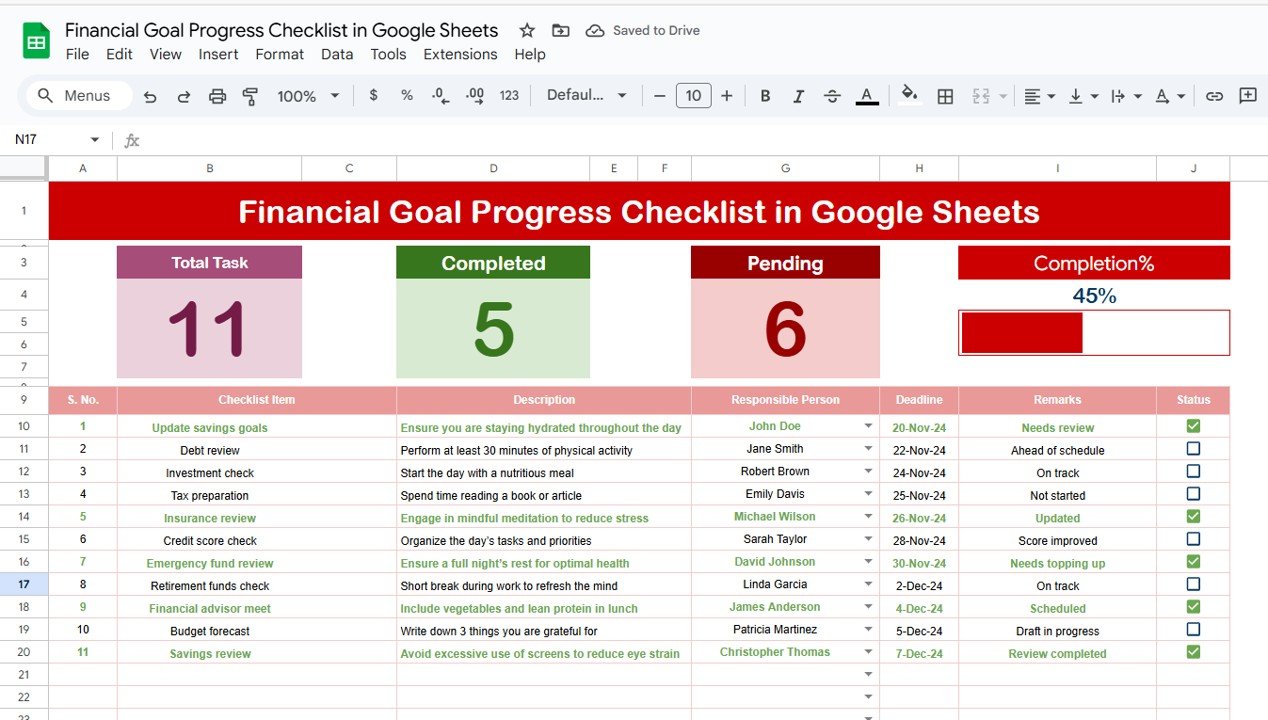 Financial Goal Progress Checklist in Google Sheets
