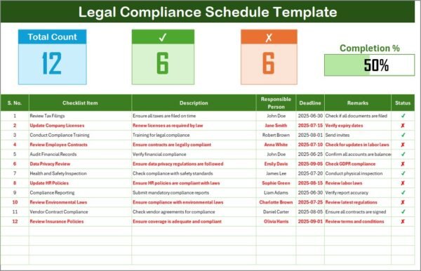 Legal Compliance Schedule Checklist in Excel - Image 2