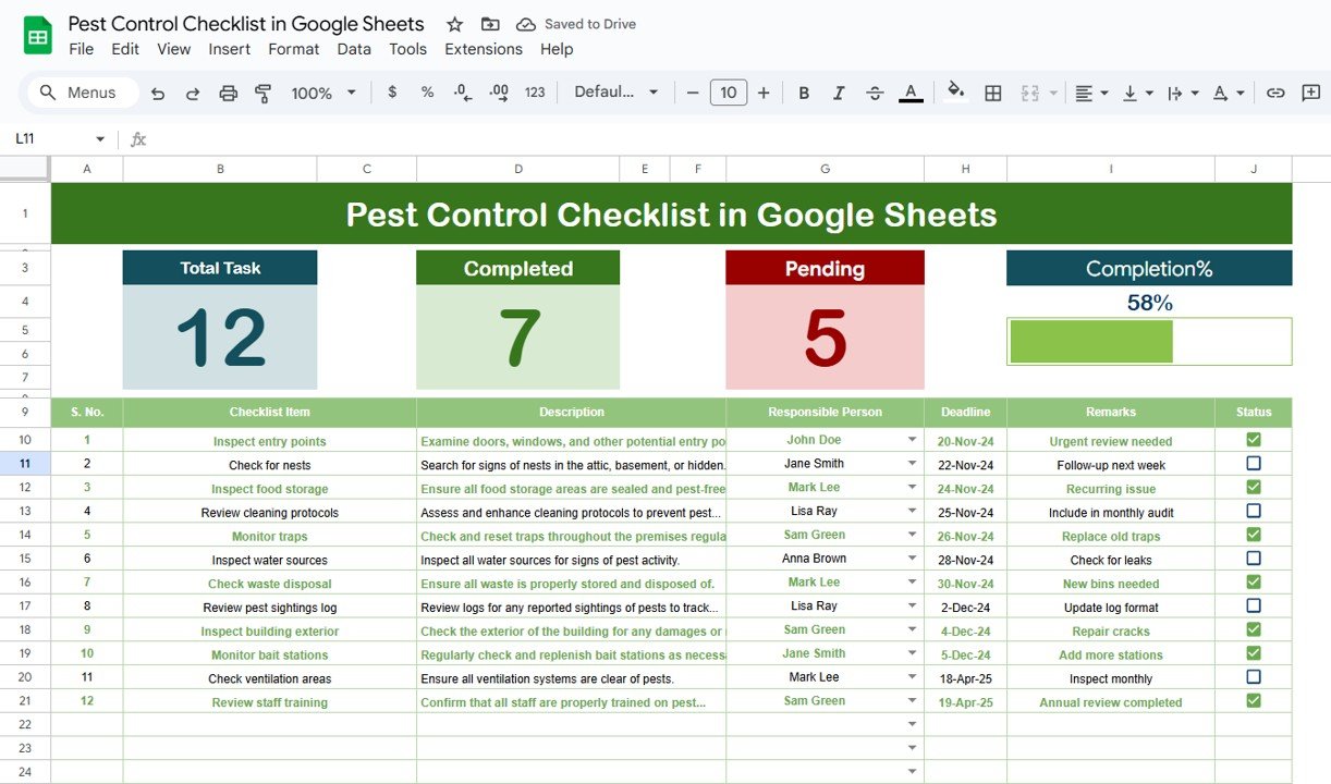 Pest Control Checklist in Google Sheets