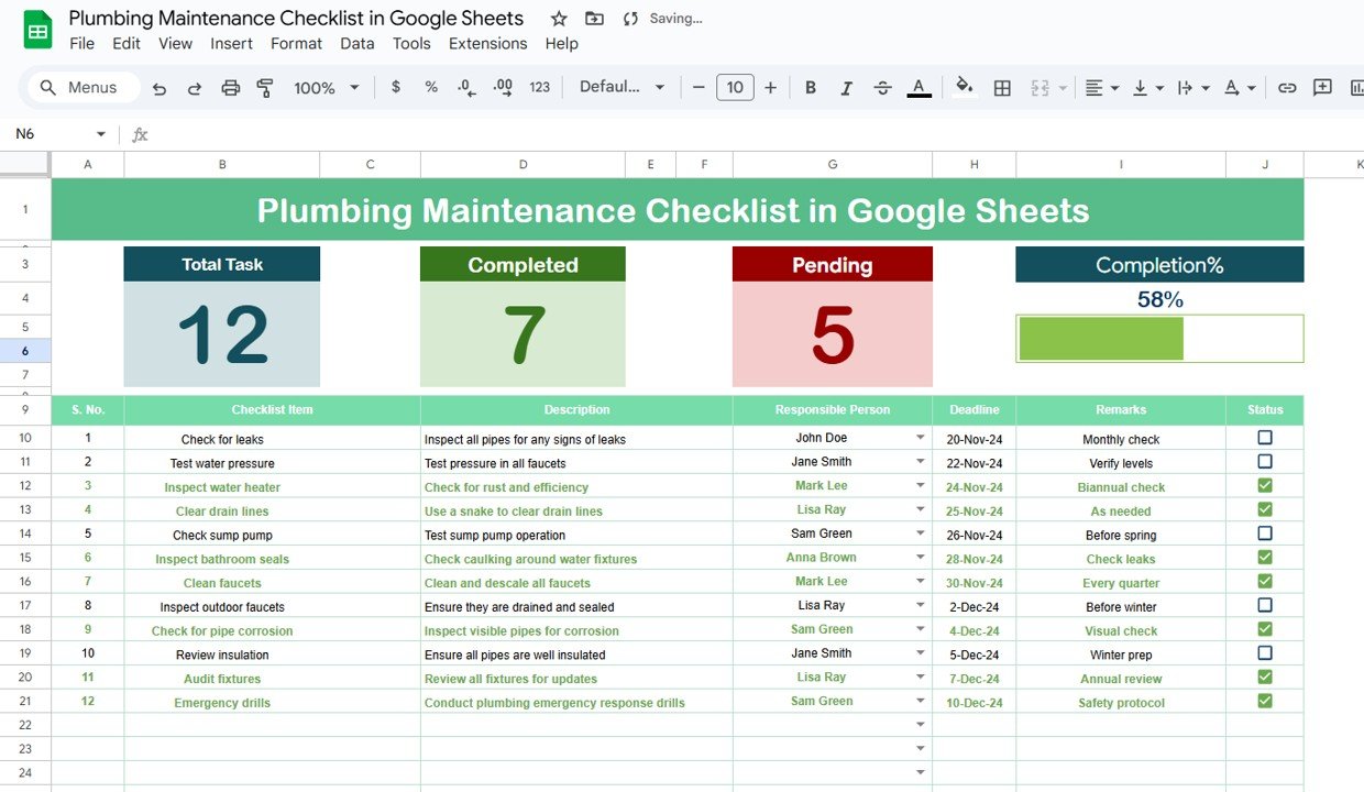 Plumbing Maintenance Checklist in Google Sheets