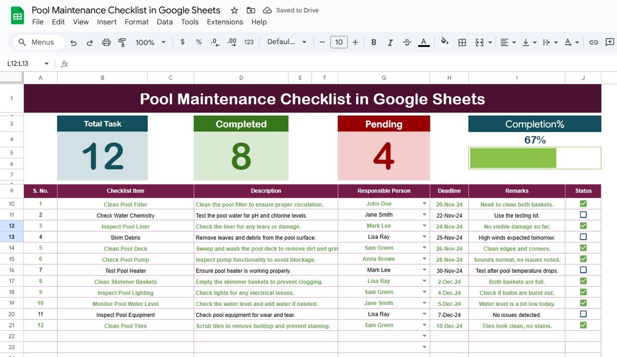 Pool Maintenance Checklist in Google Sheets