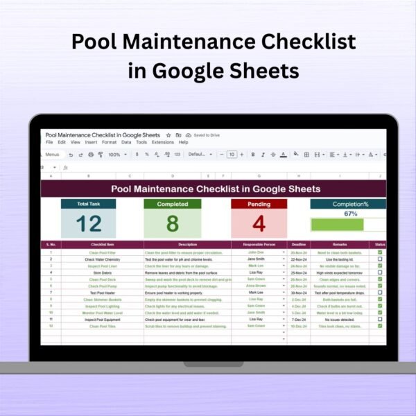 Pool Maintenance Checklist in Google Sheets