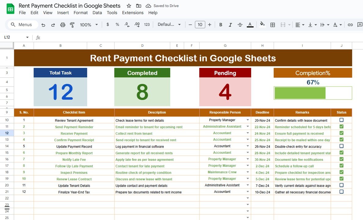 Rent Payment Checklist in Google Sheets