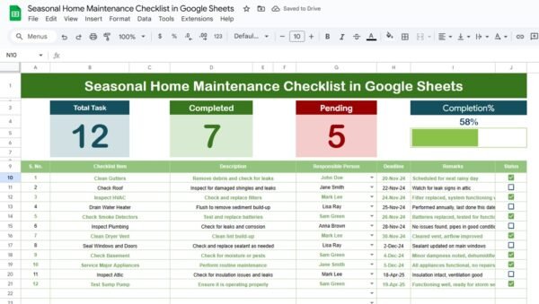 Seasonal Home Maintenance Checklist in Google Sheets - Image 2