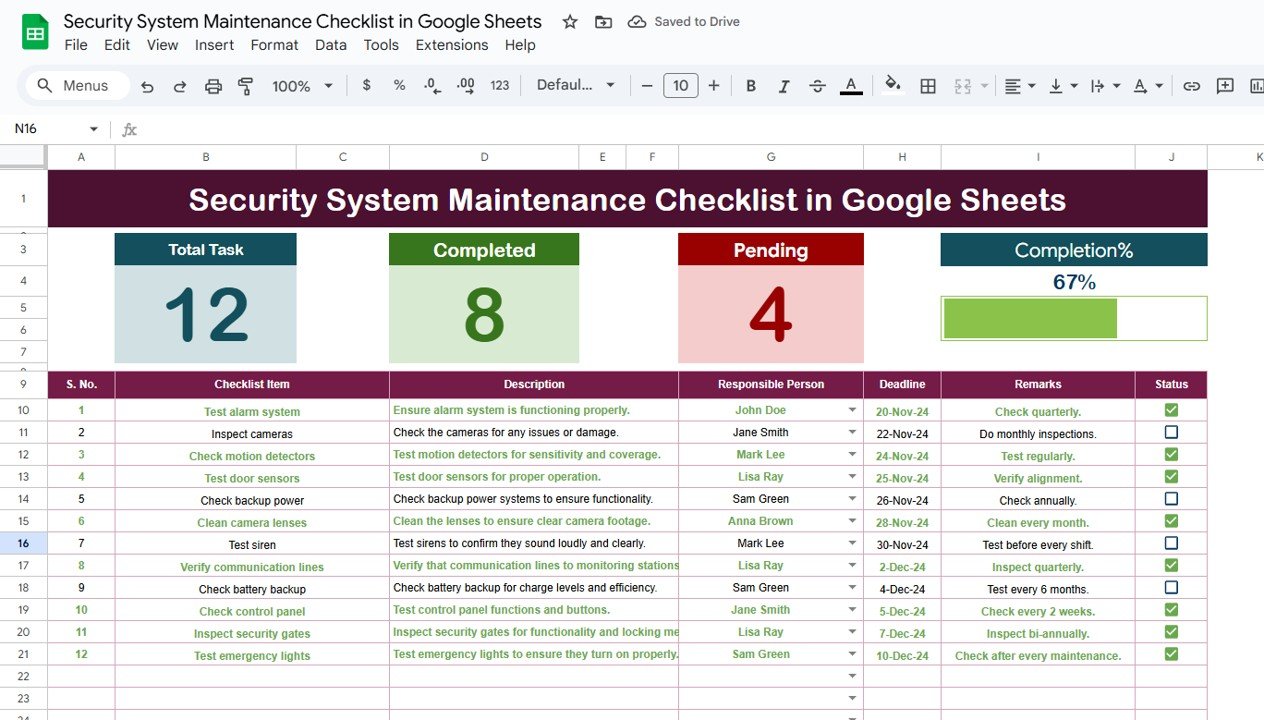 Security System Maintenance Checklist in Google Sheets