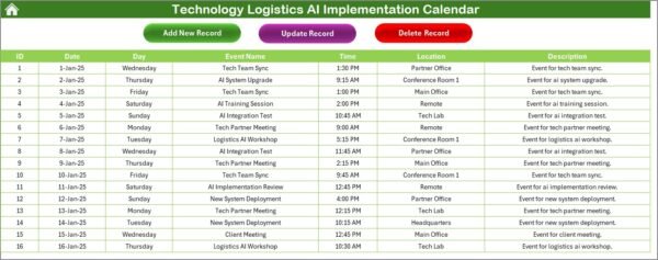 Technology Logistics AI Implementation Calendar in Excel - Image 6