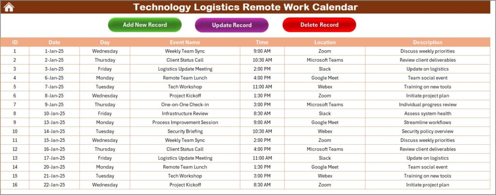 Technology Logistics Remote Work Calendar in Excel - Next Gen Templates