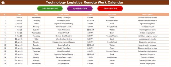 Technology Logistics Remote Work Calendar in Excel - Image 6