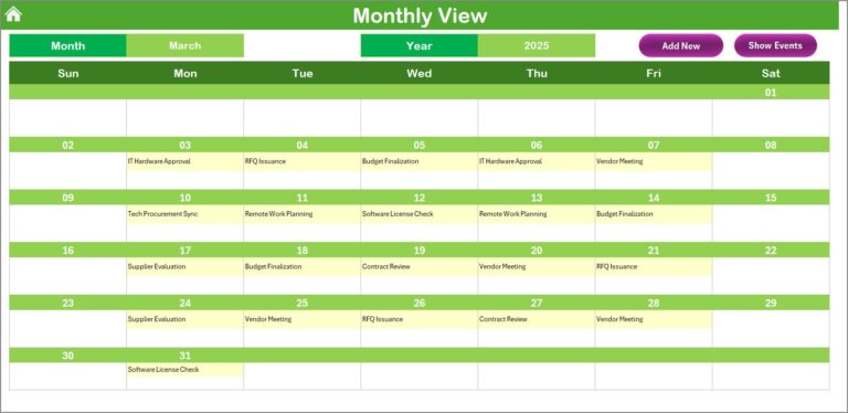 Technology Procurement Remote Work Calendar in Excel - Next Gen Templates
