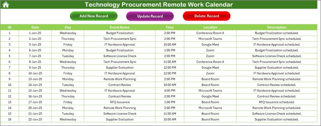 Technology Procurement Remote Work Calendar in Excel - Next Gen Templates